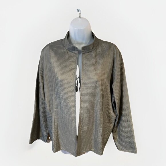 Eileen Fisher Silk Textured Shawl Open Cardigan Jacket Women's Size Large Green - Picture 4 of 8